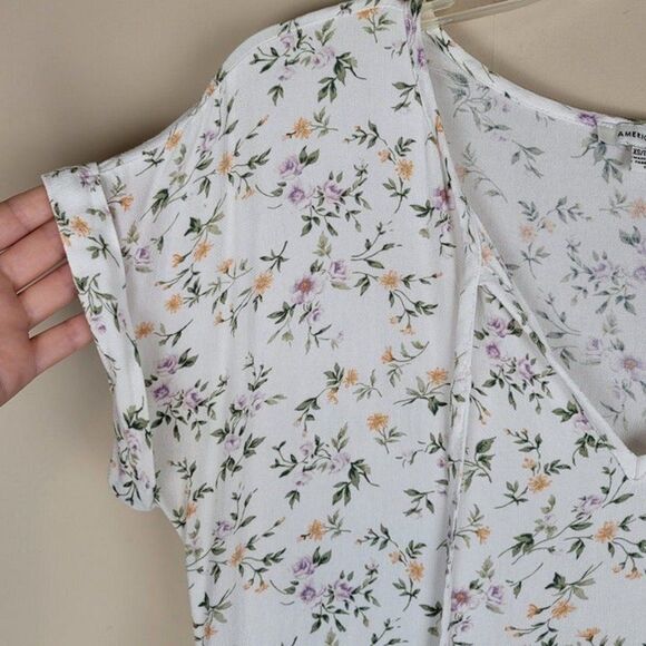 American Eagle Outfitters Floral Tiered Viscose Blouse Short Sleeve White XS - Picture 7 of 12